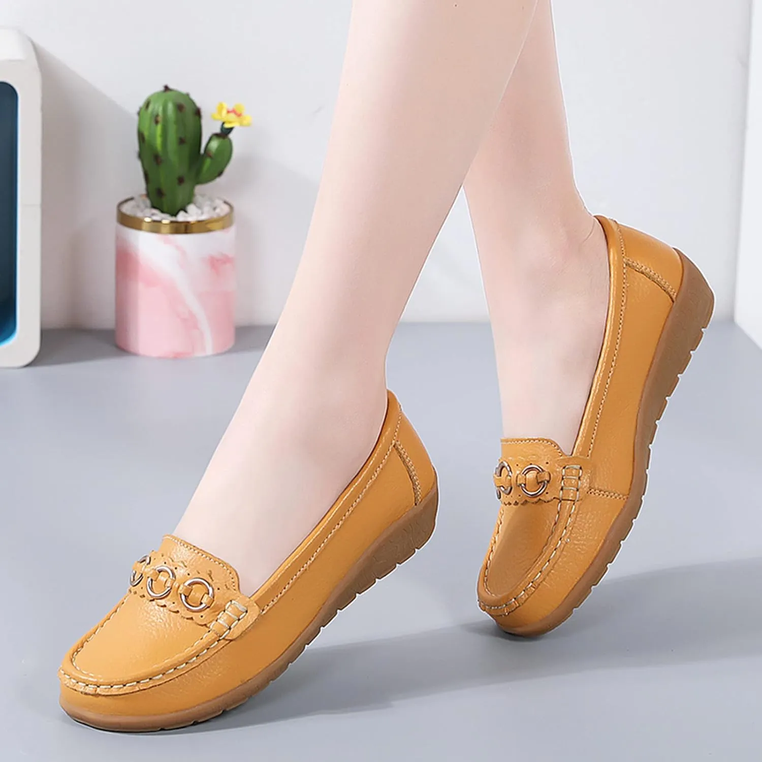 AMDBEL Flats Shoes Women Dressy Comfortable Women's Leather Casual Penny Loafers Slip-On Walking Driving Boat Flat Shoes