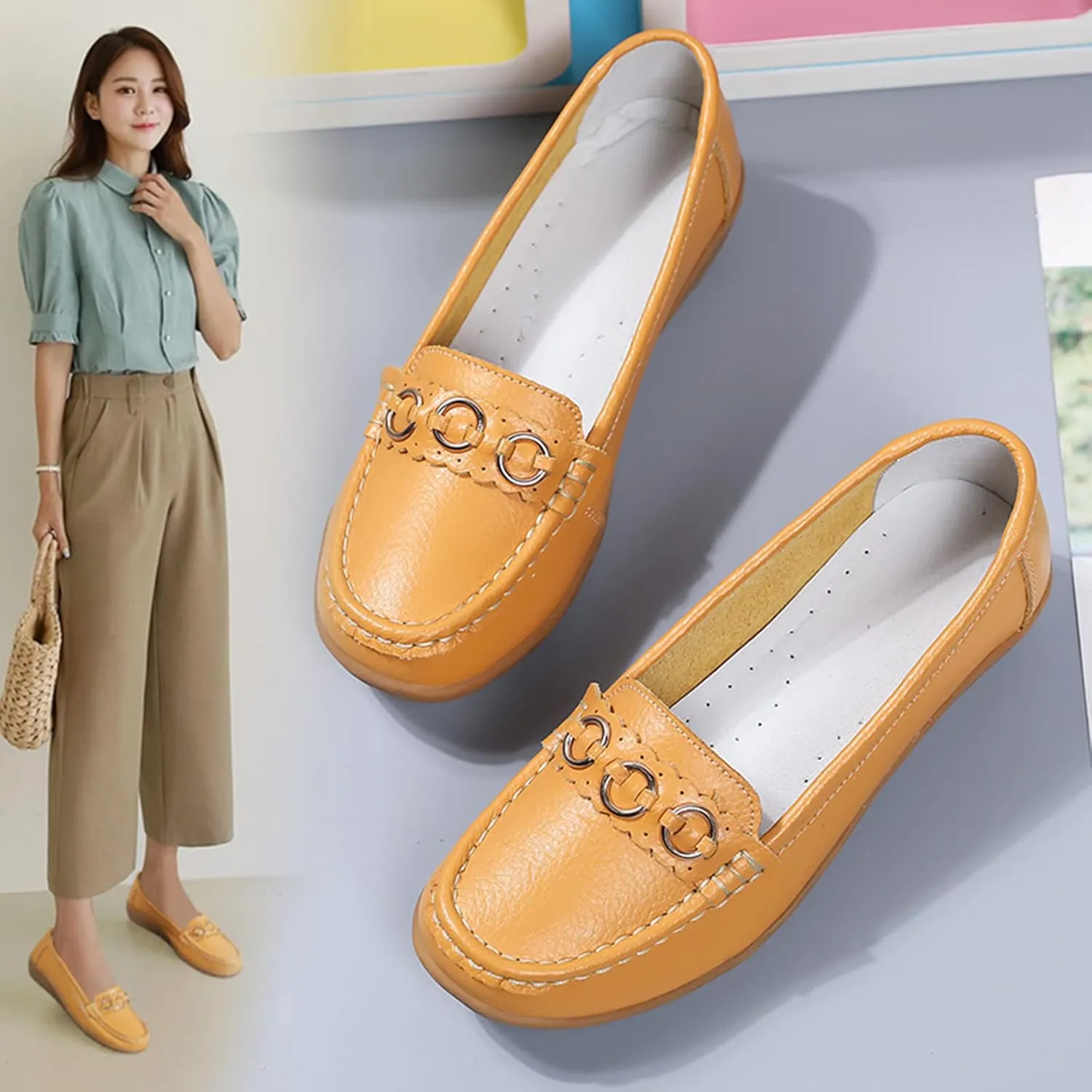 AMDBEL Flats Shoes Women Dressy Comfortable Women's Leather Casual Penny Loafers Slip-On Walking Driving Boat Flat Shoes
