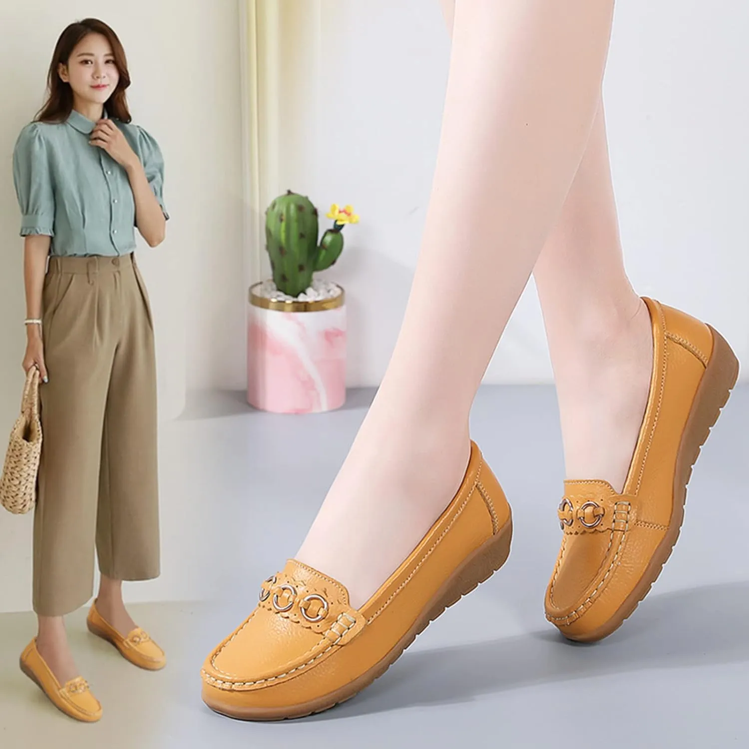 AMDBEL Flats Shoes Women Dressy Comfortable Women's Leather Casual Penny Loafers Slip-On Walking Driving Boat Flat Shoes