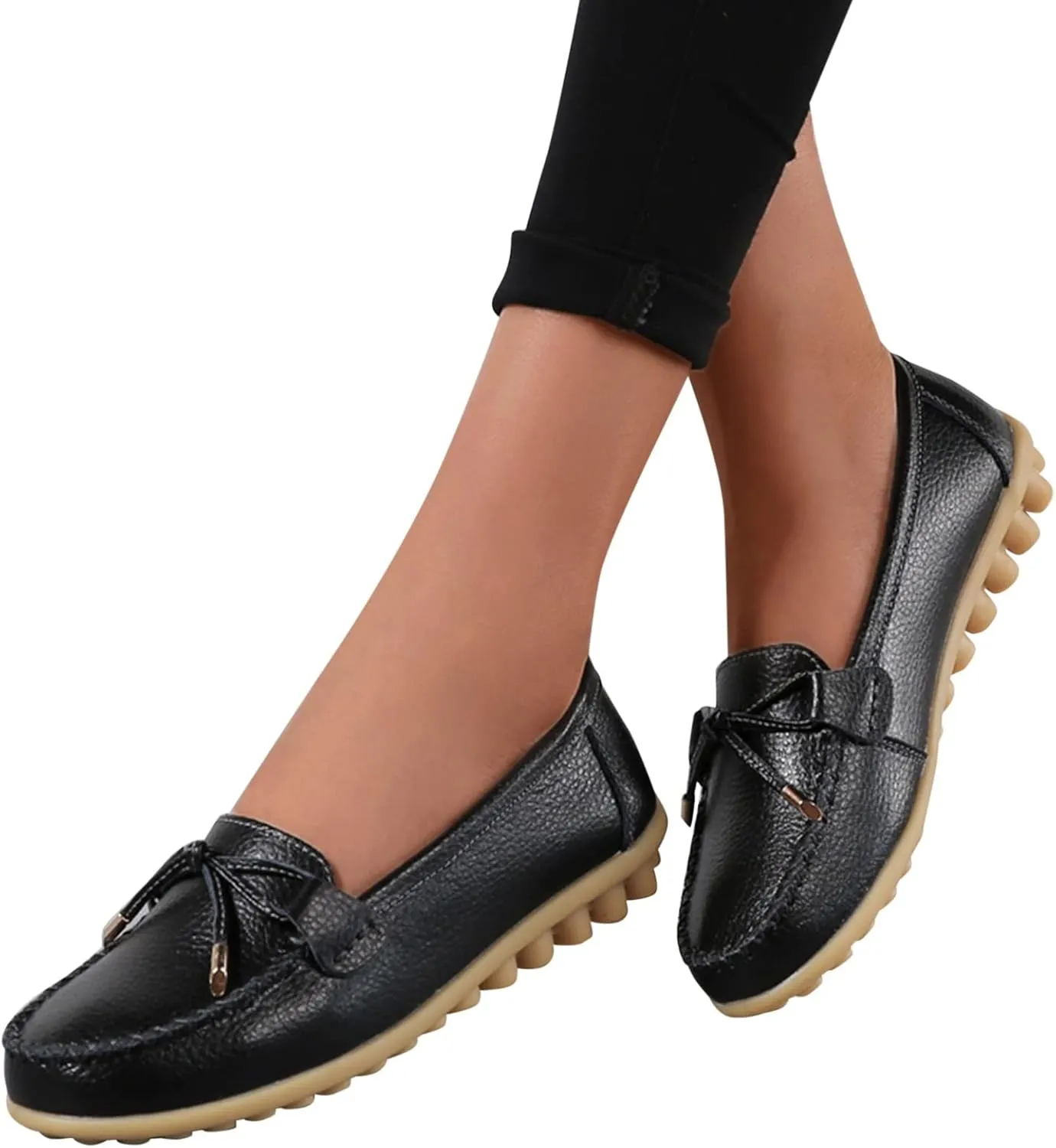 AMDBEL Flats Shoes Women Dressy Comfortable Women's Leather Slip On Loafers Casual Round Toe Moccasins Wild Driving Boat Flat