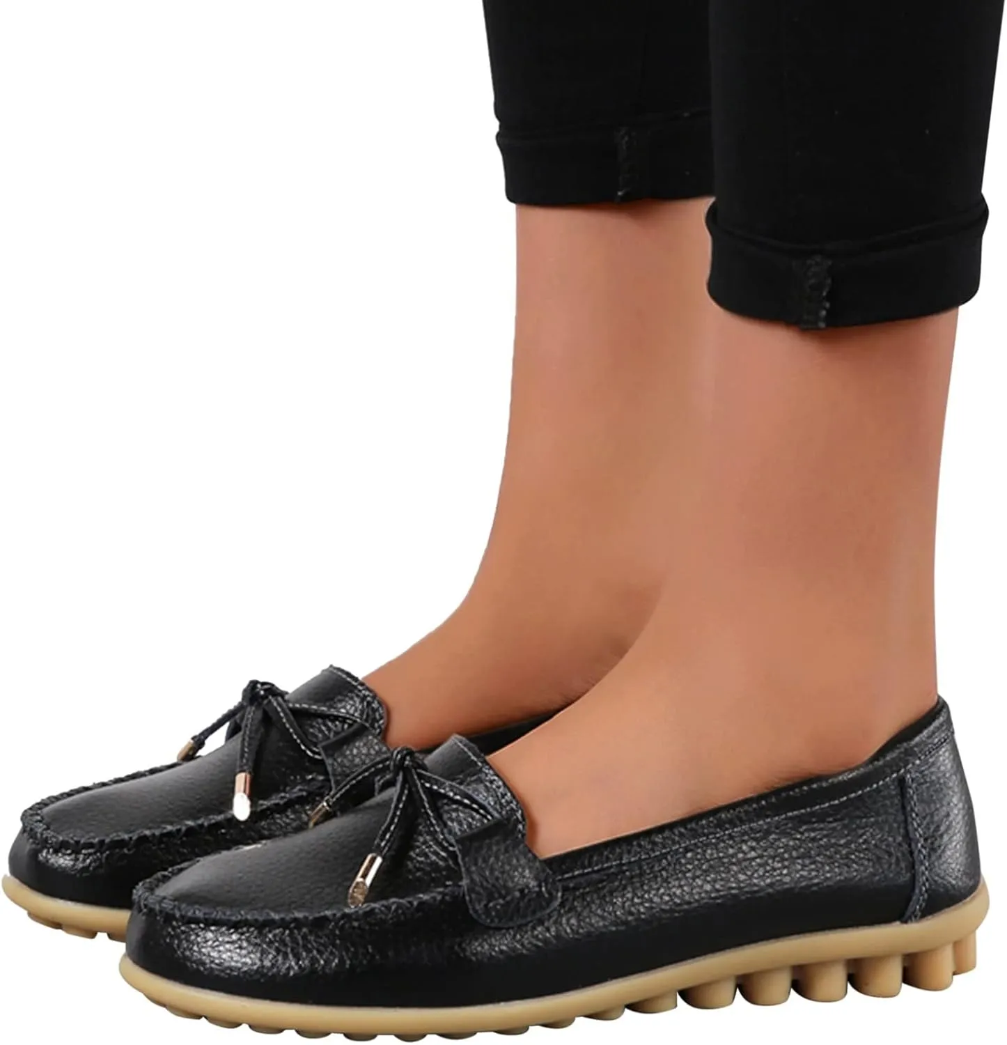AMDBEL Flats Shoes Women Dressy Comfortable Women's Leather Slip On Loafers Casual Round Toe Moccasins Wild Driving Boat Flat