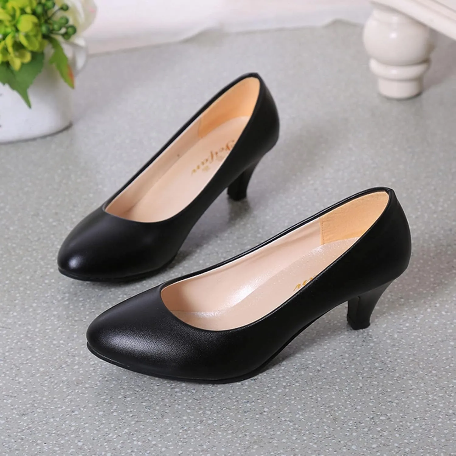 AMDBEL Pumps for Women Low Heel, Women's High Heels Ballet Flats Patent Leather Pointed Toe Stiletto Slip On Dress Pump Shoes