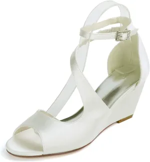 Anna's Bridal Women's Wedding Shoes for Bride Wedge Low Heel Satin Peep Toe S Strap Prom Party Evening Shoes Pumps Sandals