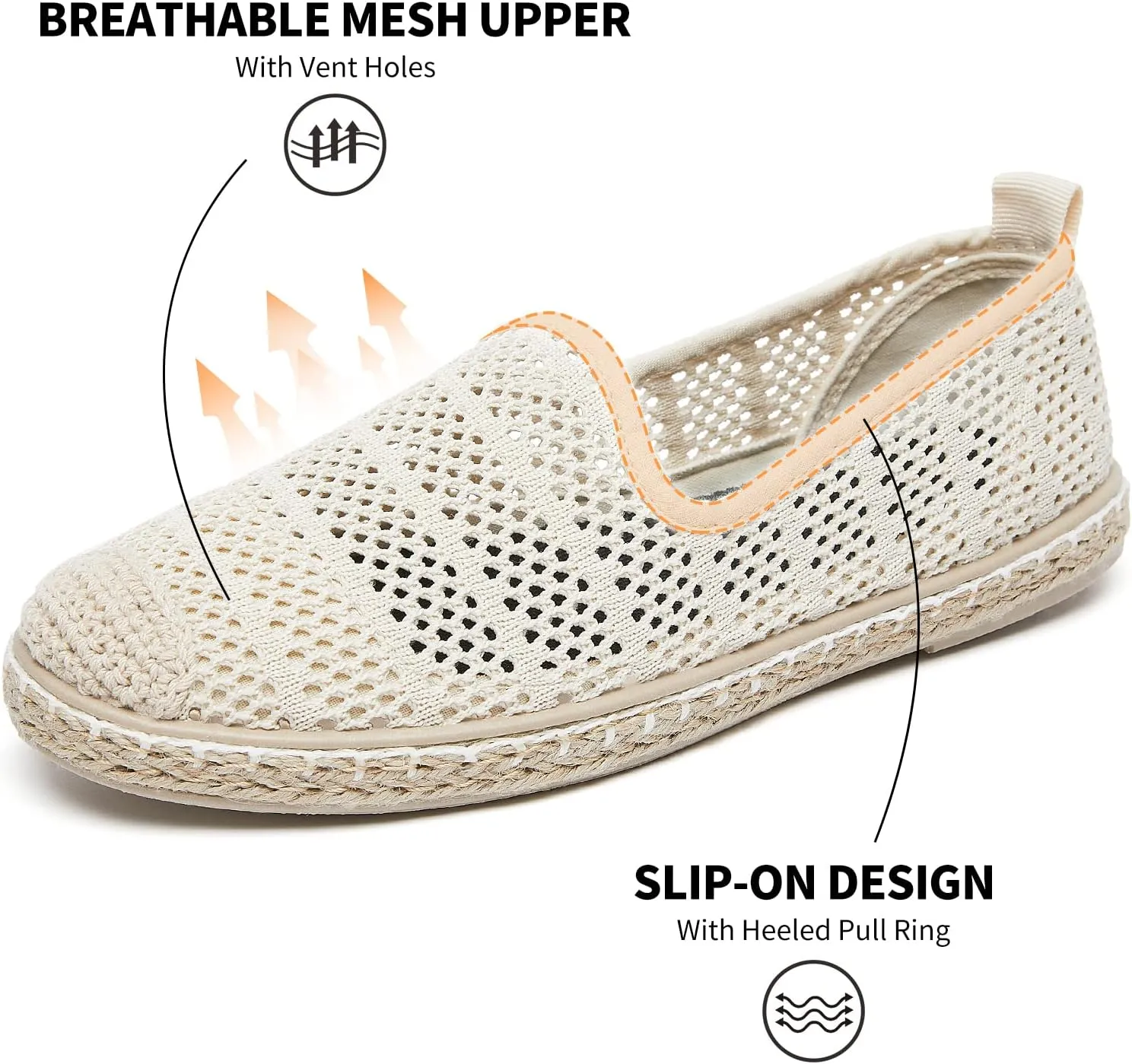 BABUDOG Women's Breathable Mesh Flats Shoes, Soft Loafers Flats, White Slip on Shoes Loafer