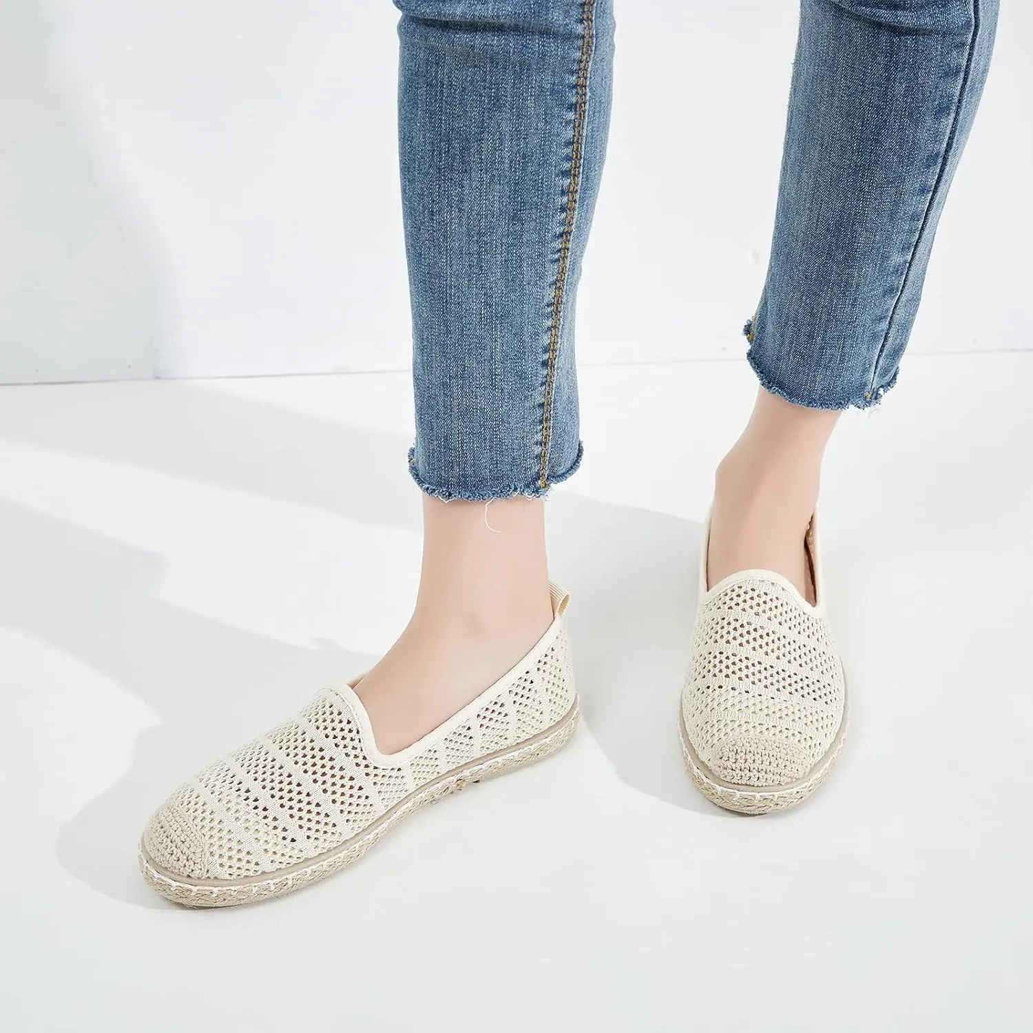 BABUDOG Women's Breathable Mesh Flats Shoes, Soft Loafers Flats, White Slip on Shoes Loafer
