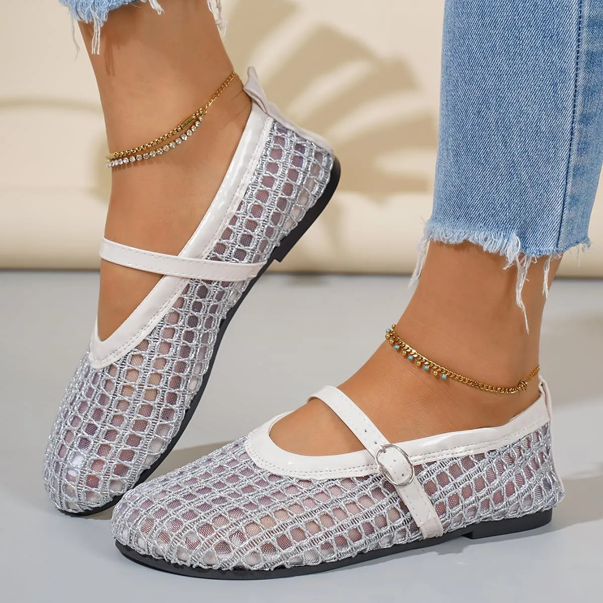 Ballet Flats Shoes for Women Comfortable Square Toe Ballerina Flats Buckle Strap Casual Fishnet Flat Shoes