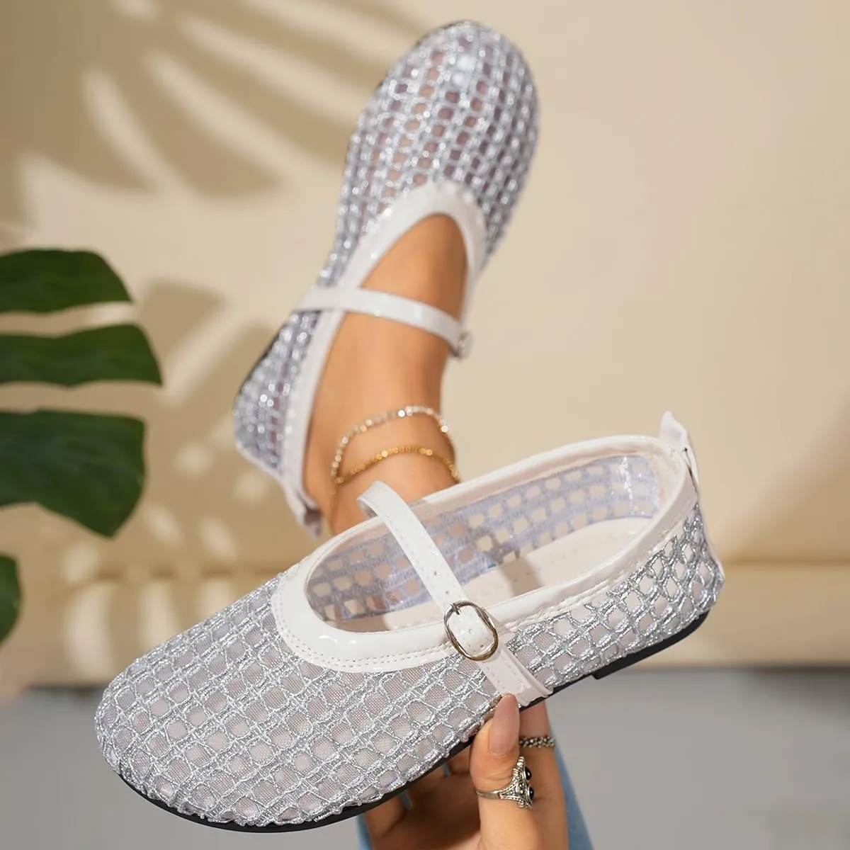 Ballet Flats Shoes for Women Comfortable Square Toe Ballerina Flats Buckle Strap Casual Fishnet Flat Shoes
