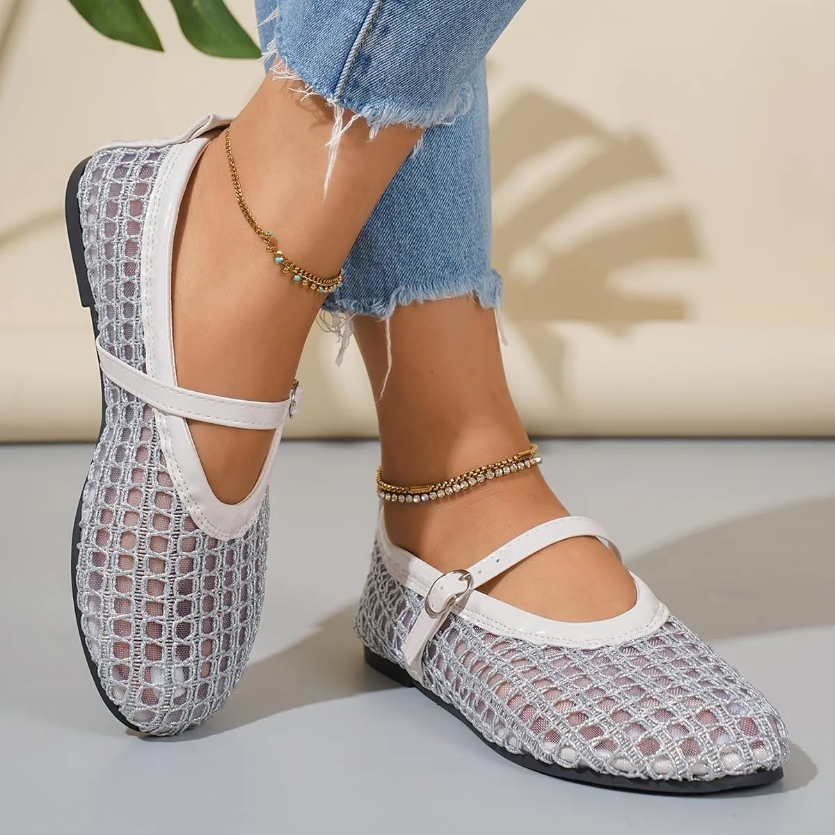 Ballet Flats Shoes for Women Comfortable Square Toe Ballerina Flats Buckle Strap Casual Fishnet Flat Shoes