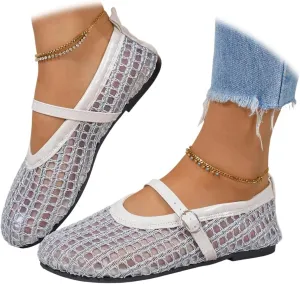 Ballet Flats Shoes for Women Comfortable Square Toe Ballerina Flats Buckle Strap Casual Fishnet Flat Shoes