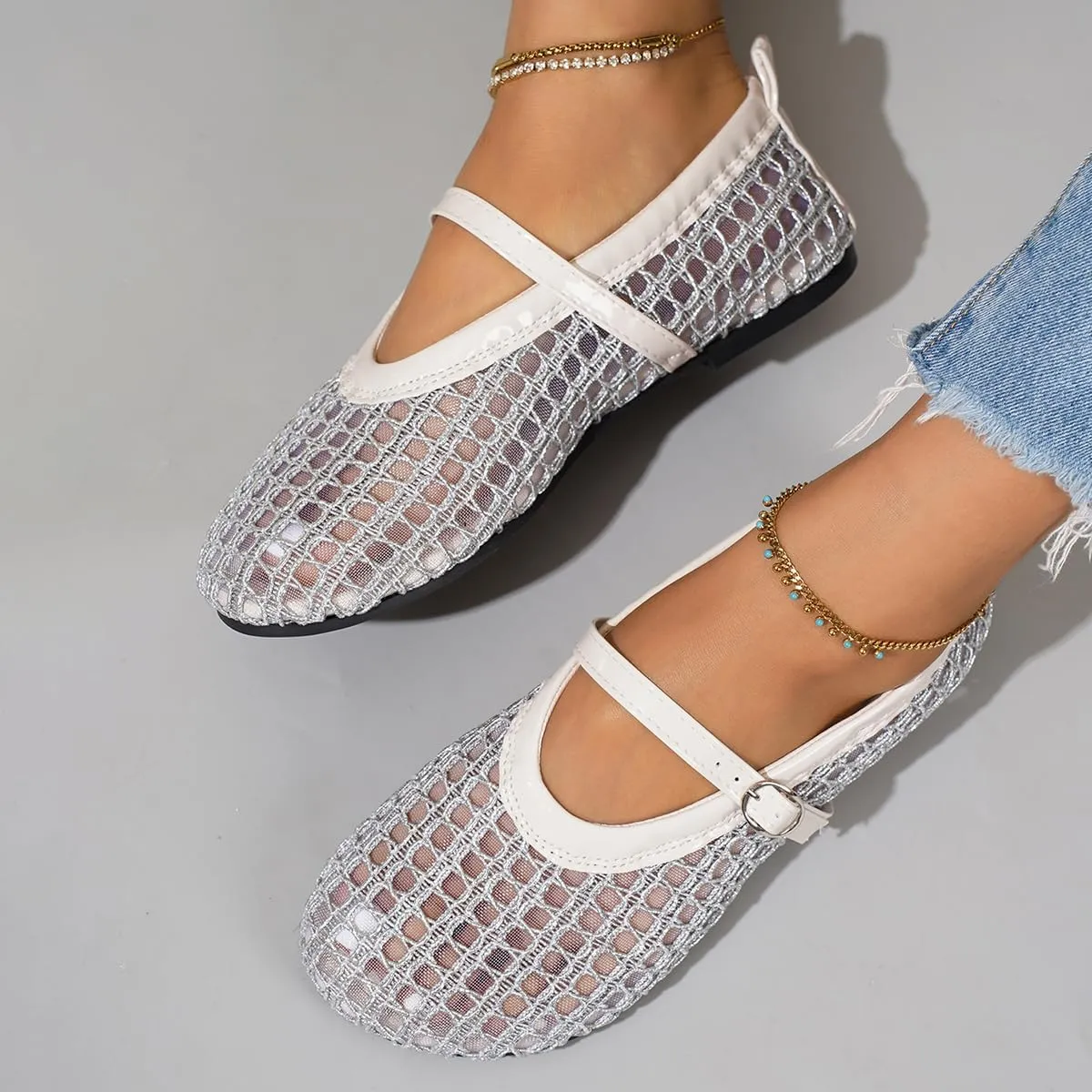Ballet Flats Shoes for Women Comfortable Square Toe Ballerina Flats Buckle Strap Casual Fishnet Flat Shoes