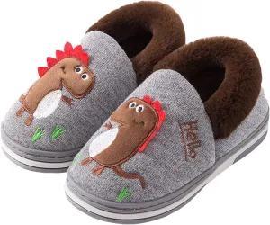 Boy's Girls Cute Dinosaur Warm Slippers - Kids Soft Plush Lined House Indoor Slip on Shoes
