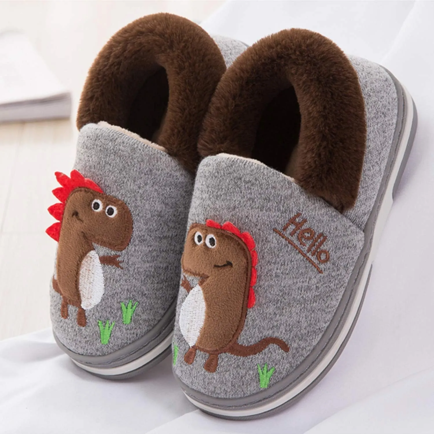 Boy's Girls Cute Dinosaur Warm Slippers - Kids Soft Plush Lined House Indoor Slip on Shoes