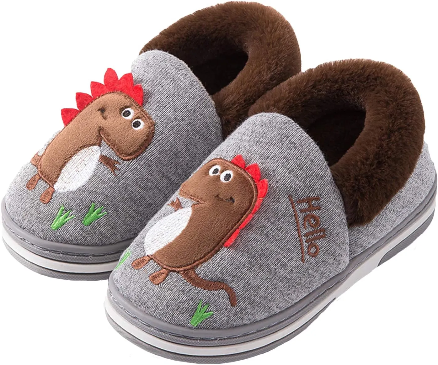 Boy's Girls Cute Dinosaur Warm Slippers - Kids Soft Plush Lined House Indoor Slip on Shoes