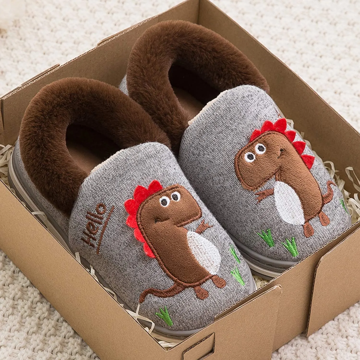 Boy's Girls Cute Dinosaur Warm Slippers - Kids Soft Plush Lined House Indoor Slip on Shoes
