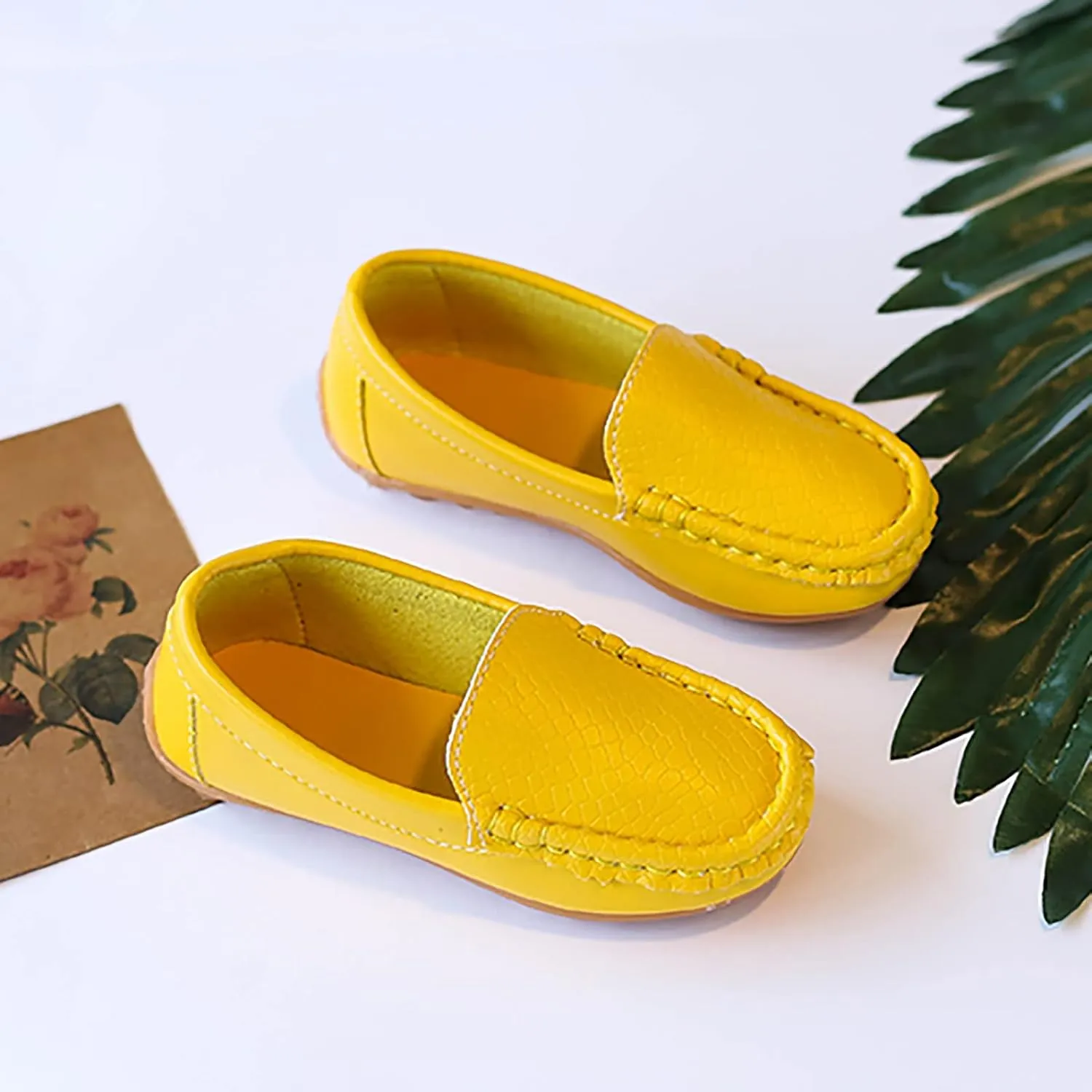 Boys Girls Leather Loafers Soft Slip-On Texture Flat𝘀 Boat Dress 𝗠occasin Daily Casual Walking Schooling Shoes