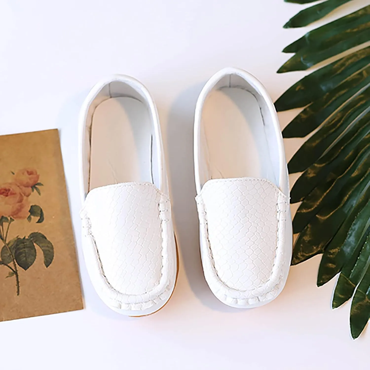 Boys Girls Leather Loafers Soft Slip-On Texture Flat𝘀 Boat Dress 𝗠occasin Daily Casual Walking Schooling Shoes