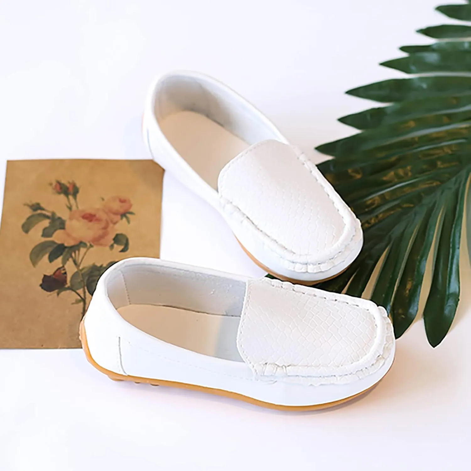 Boys Girls Leather Loafers Soft Slip-On Texture Flat𝘀 Boat Dress 𝗠occasin Daily Casual Walking Schooling Shoes