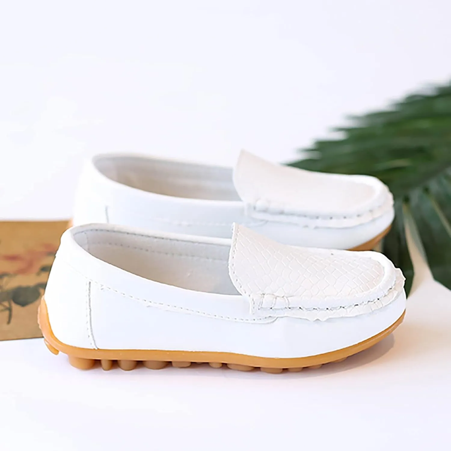 Boys Girls Leather Loafers Soft Slip-On Texture Flat𝘀 Boat Dress 𝗠occasin Daily Casual Walking Schooling Shoes