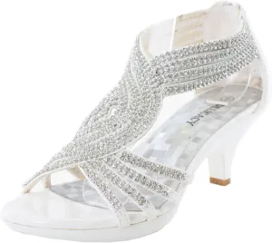 Delicacy Womens Angel-37 Strappy Rhinestone Dress Sandal Low Heel Shoes,White,9