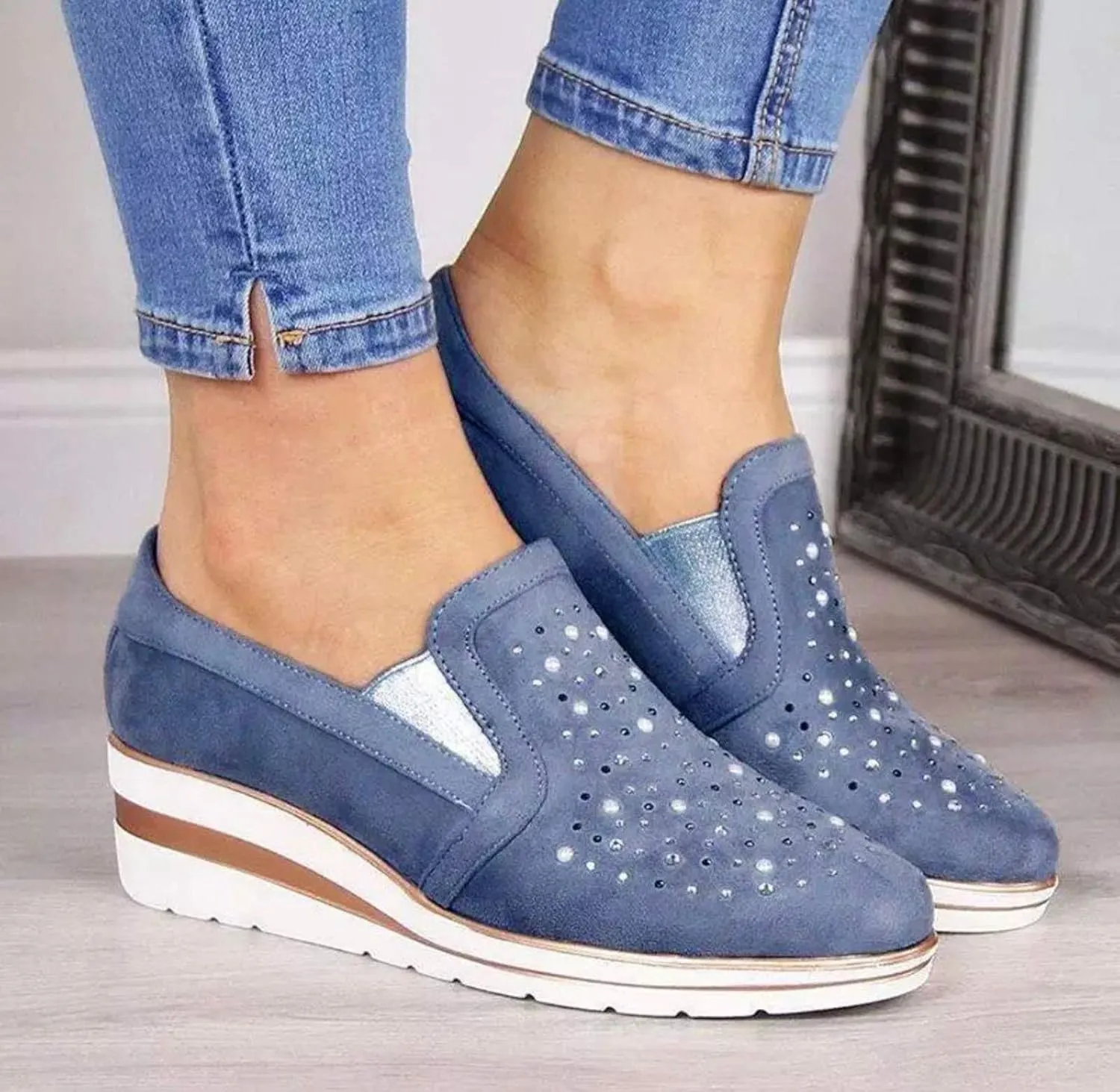 Flat Shoes for Women Foldable Women Casual Shoes Loafers Ladies Crystal Comfort Platform Bling Shoes Women's Wedges (Blue, 10)