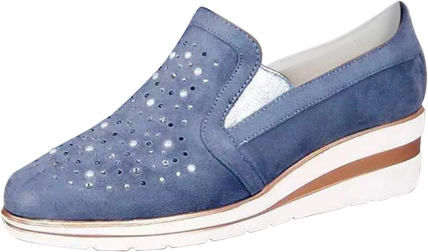Flat Shoes for Women Foldable Women Casual Shoes Loafers Ladies Crystal Comfort Platform Bling Shoes Women's Wedges (Blue, 10)