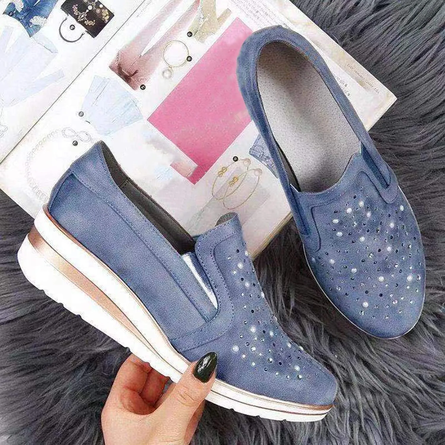 Flat Shoes for Women Foldable Women Casual Shoes Loafers Ladies Crystal Comfort Platform Bling Shoes Women's Wedges (Blue, 10)