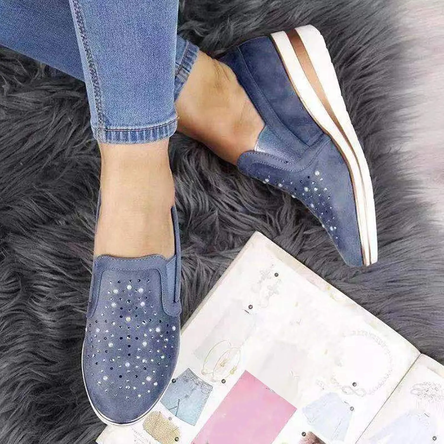 Flat Shoes for Women Foldable Women Casual Shoes Loafers Ladies Crystal Comfort Platform Bling Shoes Women's Wedges (Blue, 10)