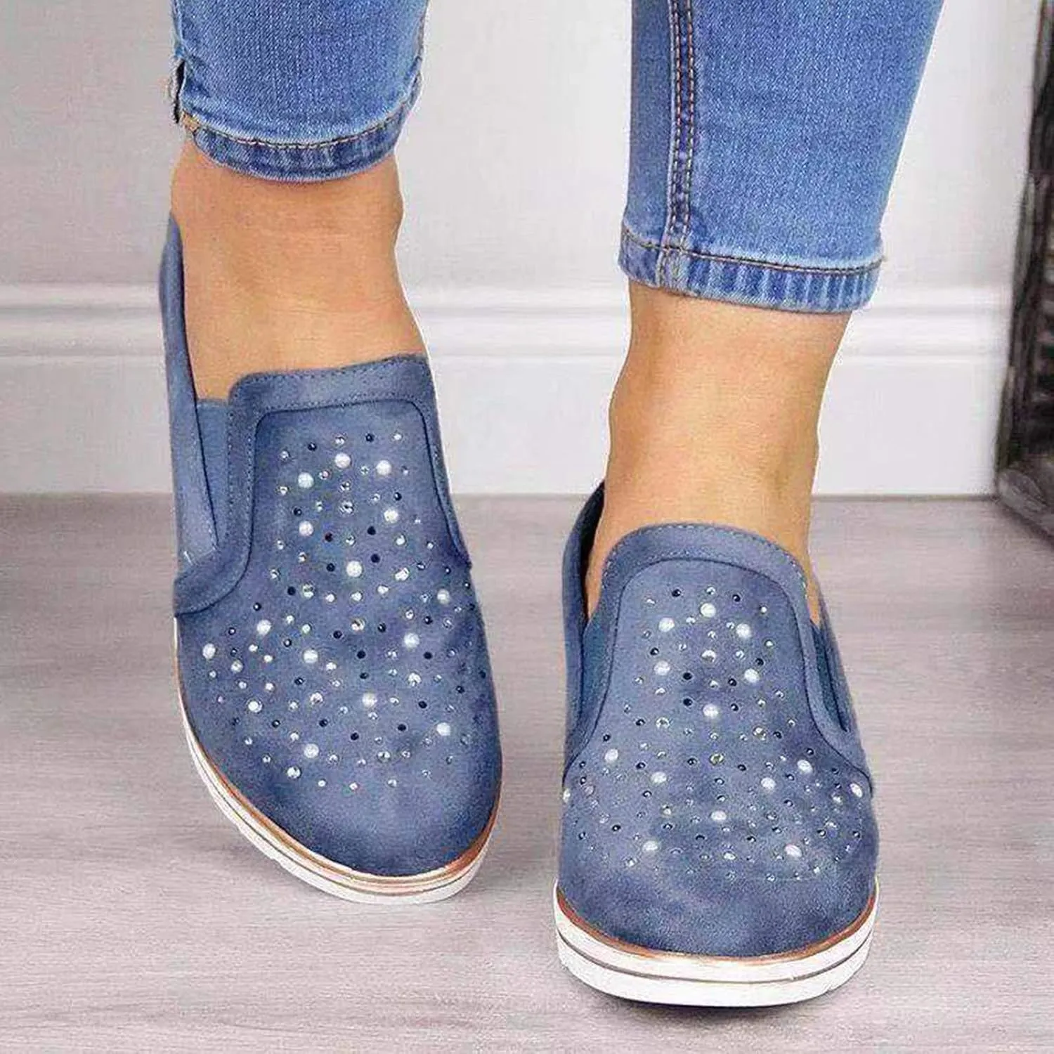 Flat Shoes for Women Foldable Women Casual Shoes Loafers Ladies Crystal Comfort Platform Bling Shoes Women's Wedges (Blue, 10)