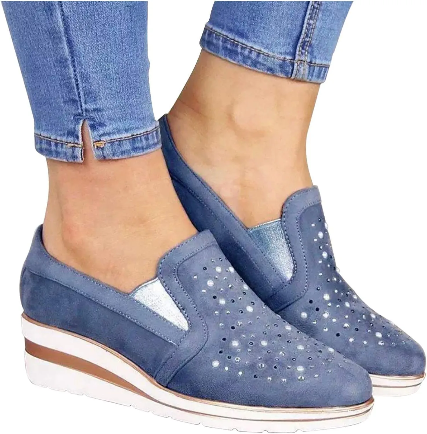 Flat Shoes for Women Foldable Women Casual Shoes Loafers Ladies Crystal Comfort Platform Bling Shoes Women's Wedges (Blue, 10)