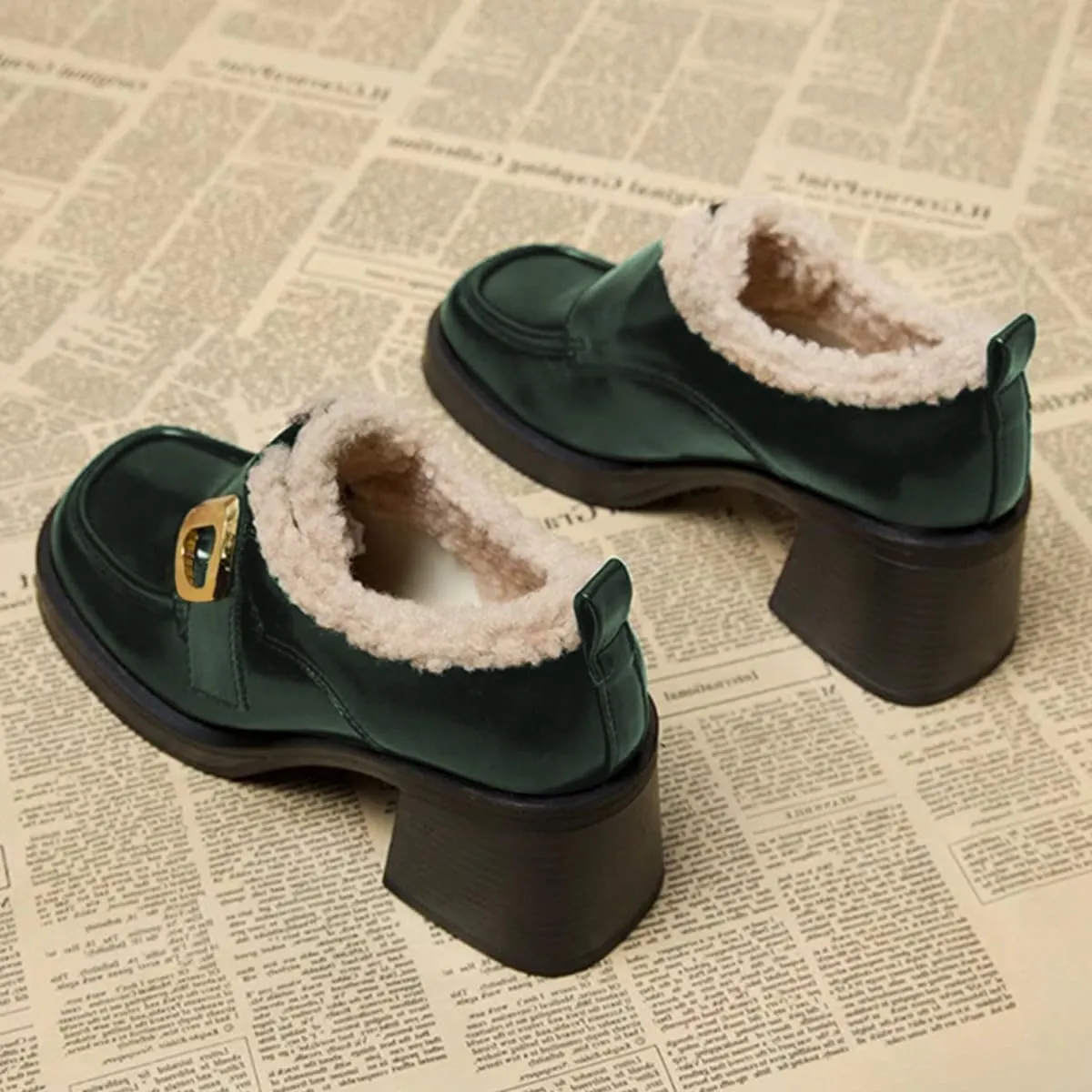 FOWT Women Platform Round Toe Loafers Chunky Block Mid Heel Pumps Fur Inside Warm Fall Winter Daily Shoes Size 4-16 US