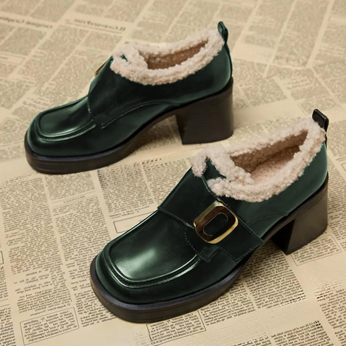 FOWT Women Platform Round Toe Loafers Chunky Block Mid Heel Pumps Fur Inside Warm Fall Winter Daily Shoes Size 4-16 US