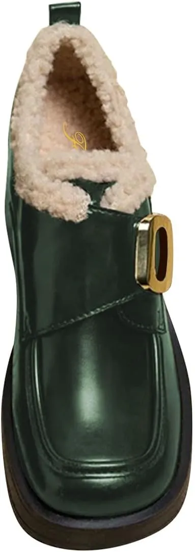 FOWT Women Platform Round Toe Loafers Chunky Block Mid Heel Pumps Fur Inside Warm Fall Winter Daily Shoes Size 4-16 US
