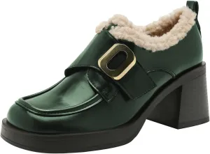 FOWT Women Platform Round Toe Loafers Chunky Block Mid Heel Pumps Fur Inside Warm Fall Winter Daily Shoes Size 4-16 US