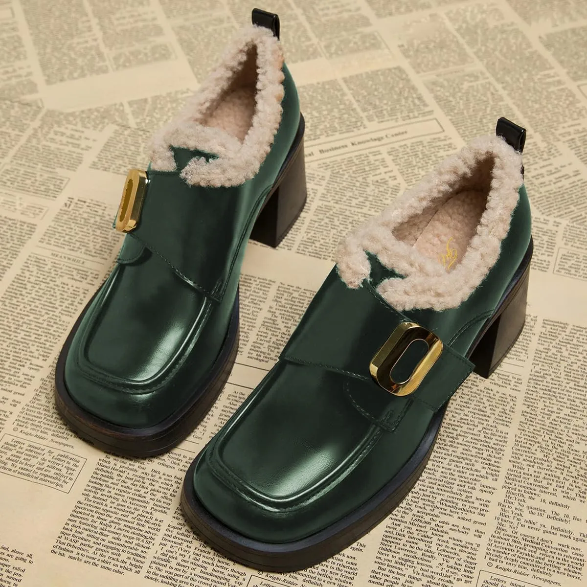 FOWT Women Platform Round Toe Loafers Chunky Block Mid Heel Pumps Fur Inside Warm Fall Winter Daily Shoes Size 4-16 US
