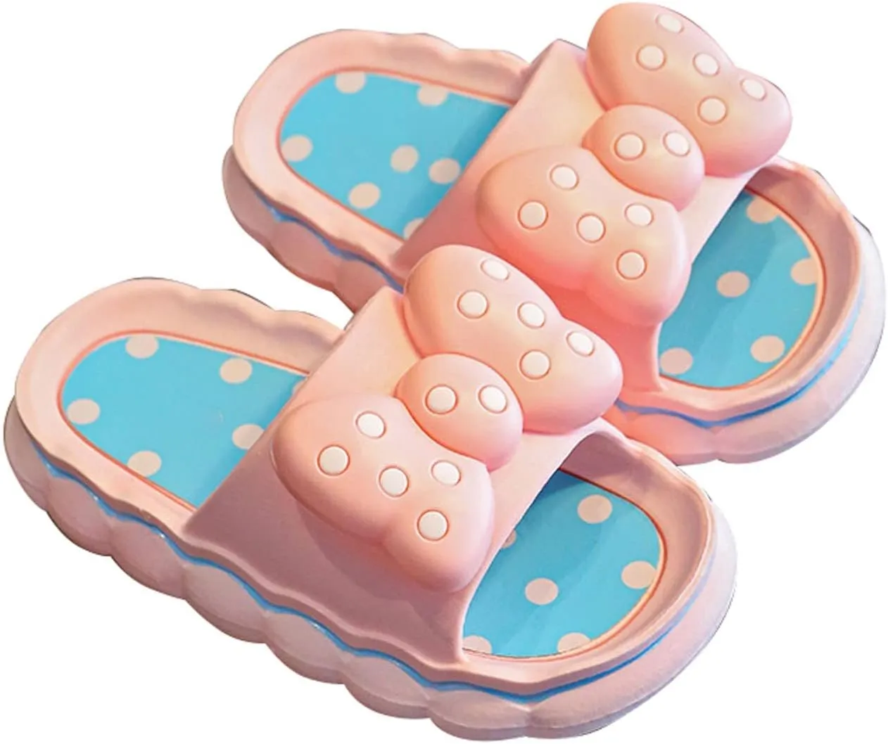 Girls Beach Slippers Cute Dot Print Sliders with Bow Summer Sliders Sandals Open Toe Soft Slippers for Bathroom Pool
