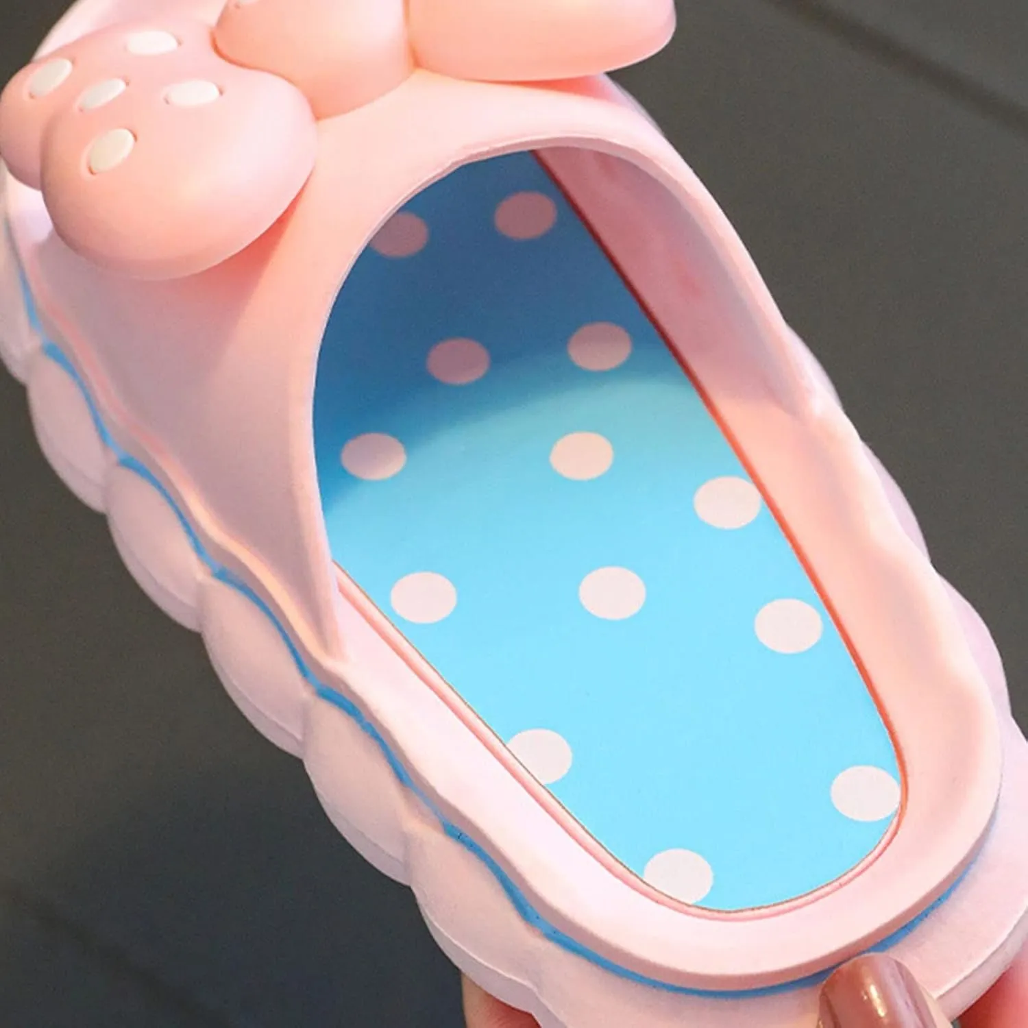 Girls Beach Slippers Cute Dot Print Sliders with Bow Summer Sliders Sandals Open Toe Soft Slippers for Bathroom Pool