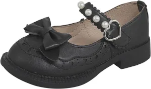 Girls Closed Toe Mary Jane Shoes Toddler Flower Girl Dress Shoes Pearls Bow Low Heels for Party School Uniform Shoes