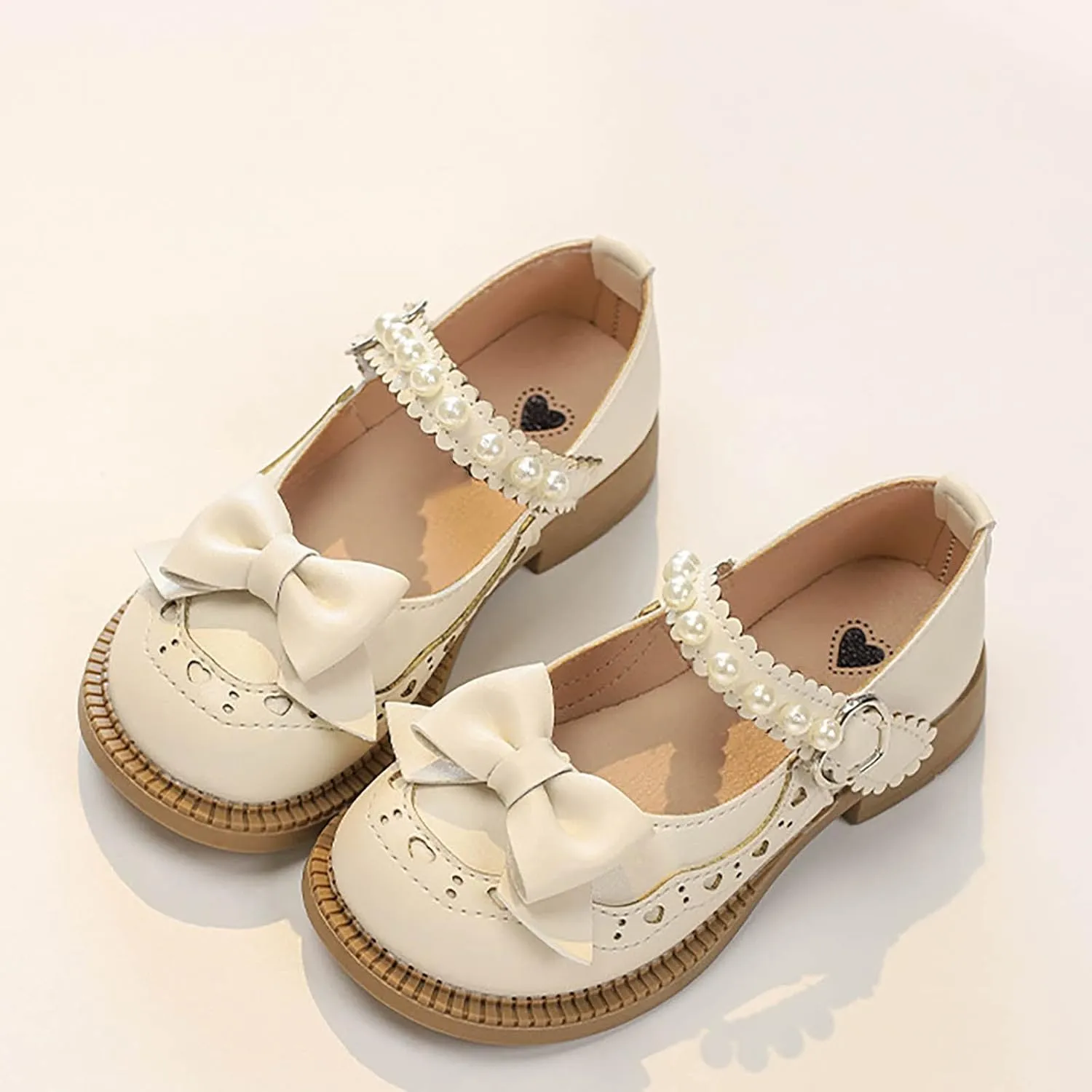 Girls Closed Toe Mary Jane Shoes Toddler Flower Girl Dress Shoes Pearls Bow Low Heels for Party School Uniform Shoes