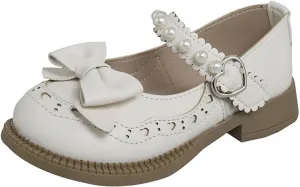 Girls Closed Toe Mary Jane Shoes Toddler Flower Girl Dress Shoes Pearls Bow Low Heels for Party School Uniform Shoes