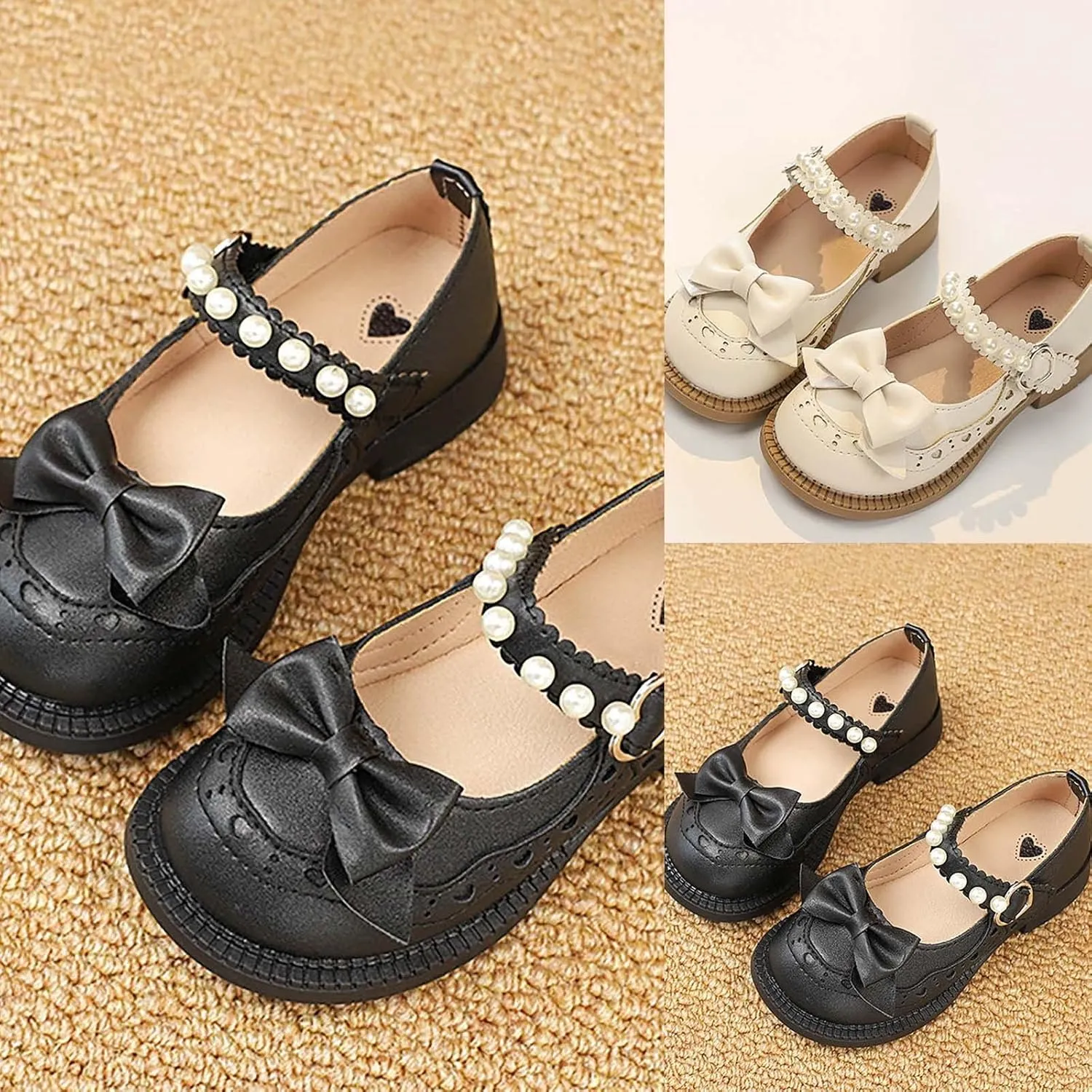Girls Closed Toe Mary Jane Shoes Toddler Flower Girl Dress Shoes Pearls Bow Low Heels for Party School Uniform Shoes