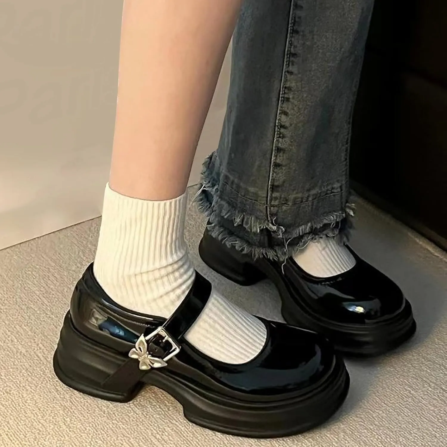 Girls Dress Shoes Low Heel Party Wedding Mary Jane Shoes Bowknot Buckle Ankle Strap Flats for Kids