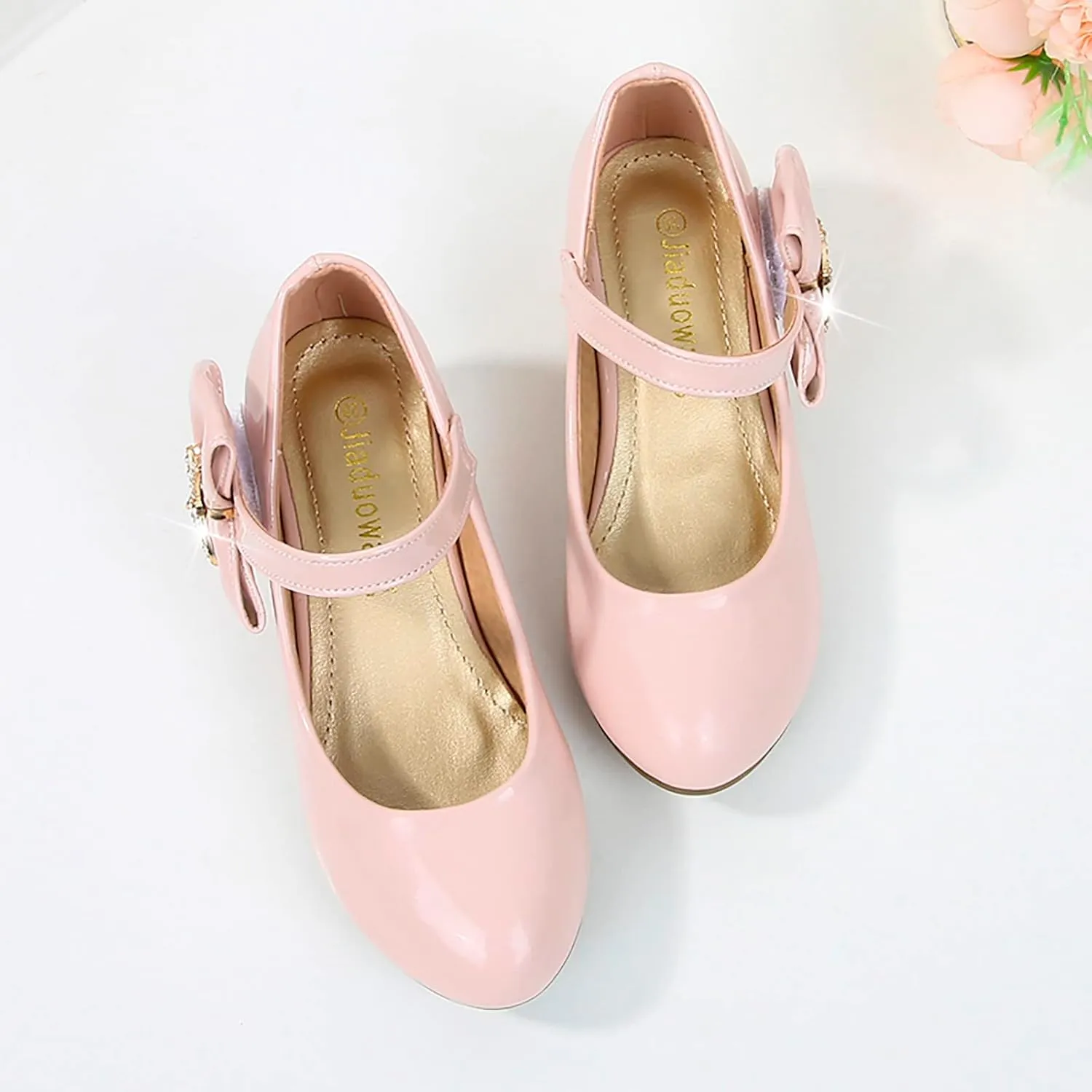 Girls Dress Shoes Pumps Mary Jane Shoes for Girls Low Heel with Bow Strap Dress Shoes for School Wedding Party