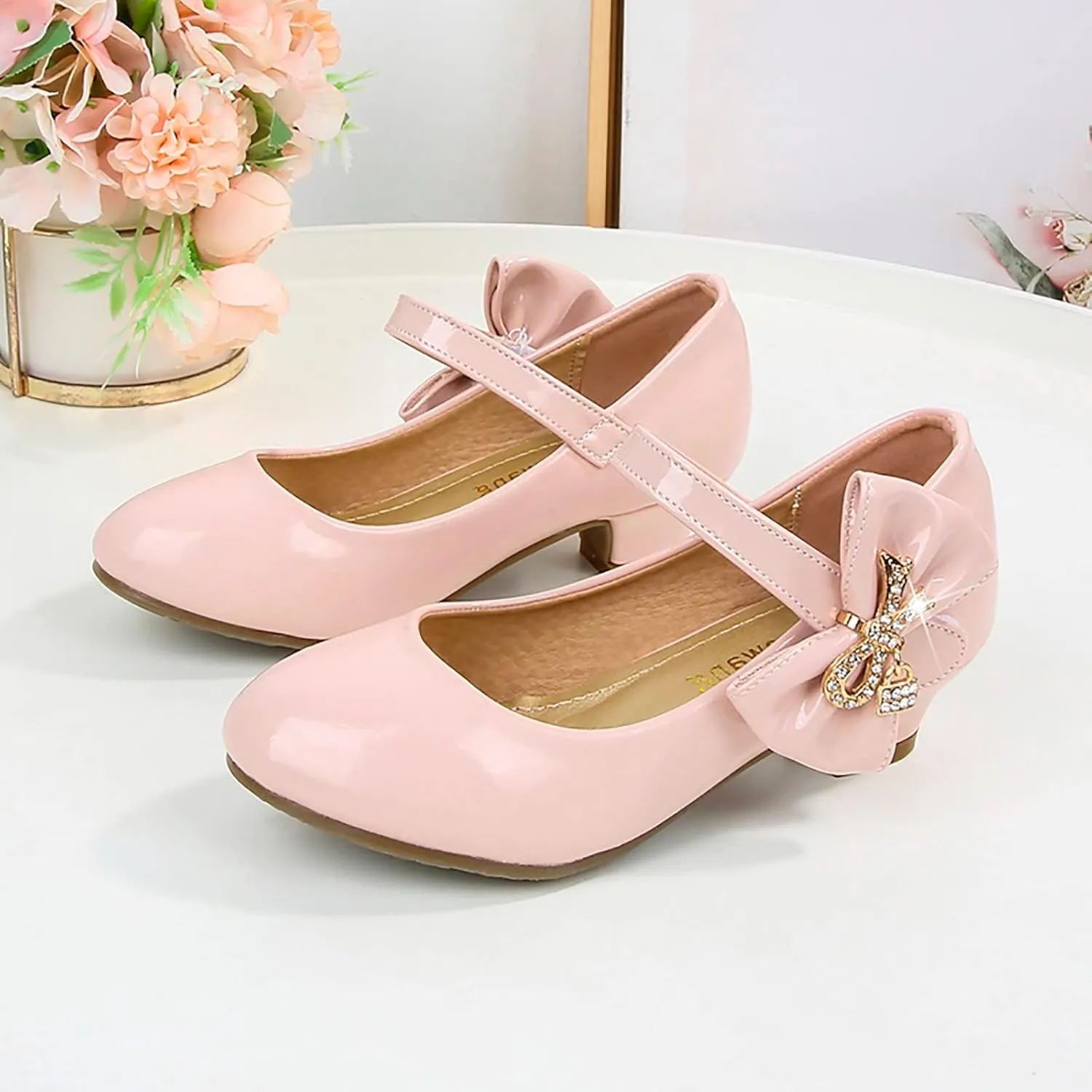 Girls Dress Shoes Pumps Mary Jane Shoes for Girls Low Heel with Bow Strap Dress Shoes for School Wedding Party