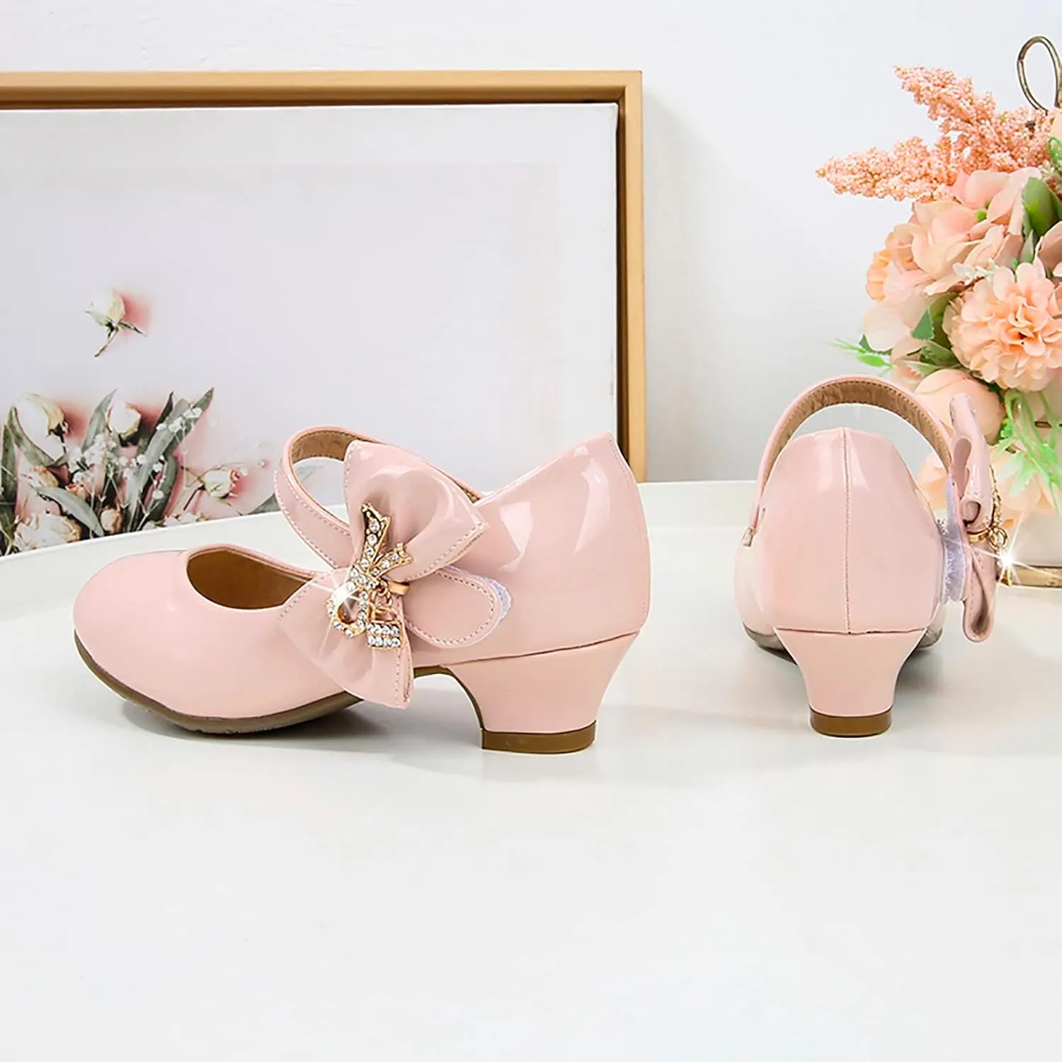 Girls Dress Shoes Pumps Mary Jane Shoes for Girls Low Heel with Bow Strap Dress Shoes for School Wedding Party
