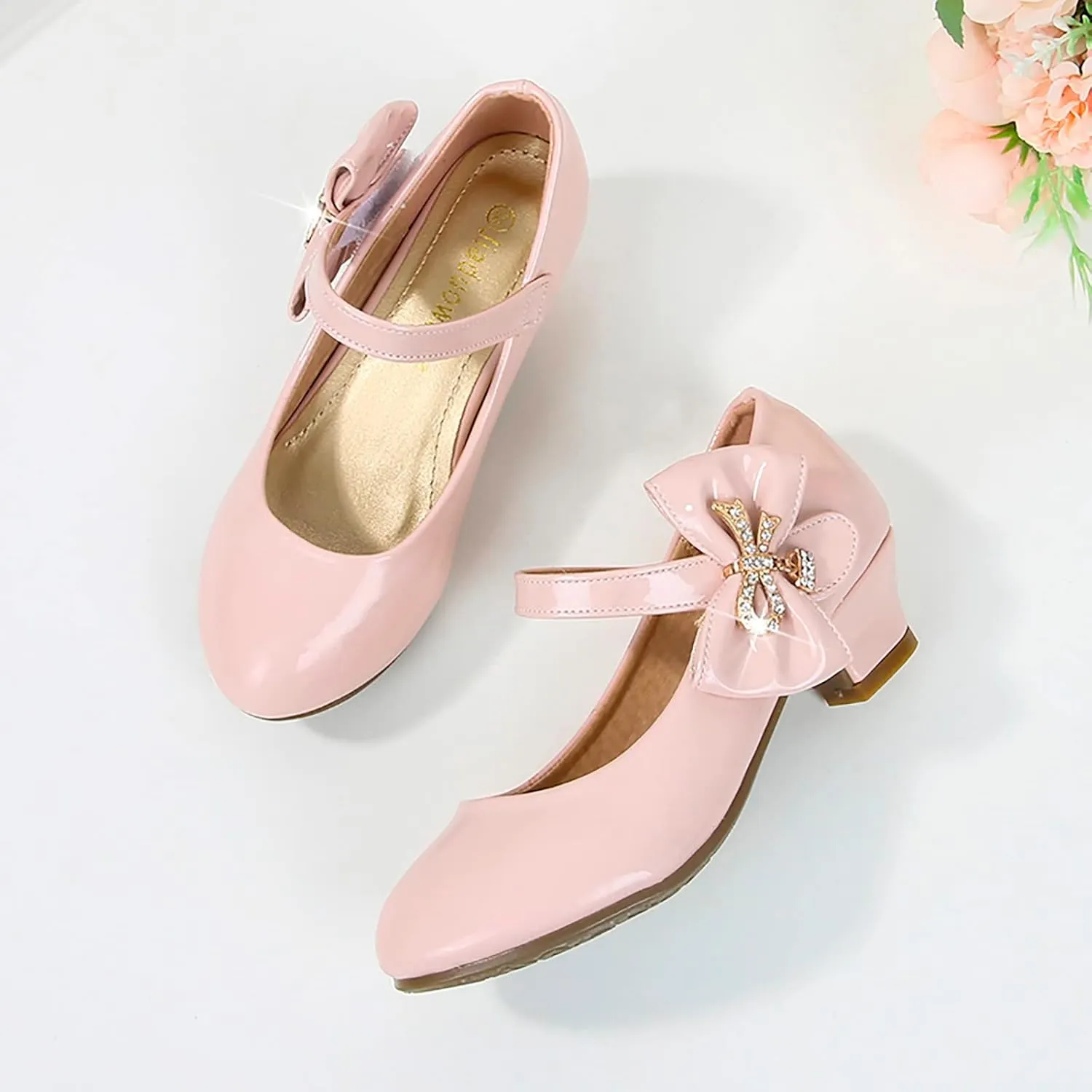 Girls Dress Shoes Pumps Mary Jane Shoes for Girls Low Heel with Bow Strap Dress Shoes for School Wedding Party