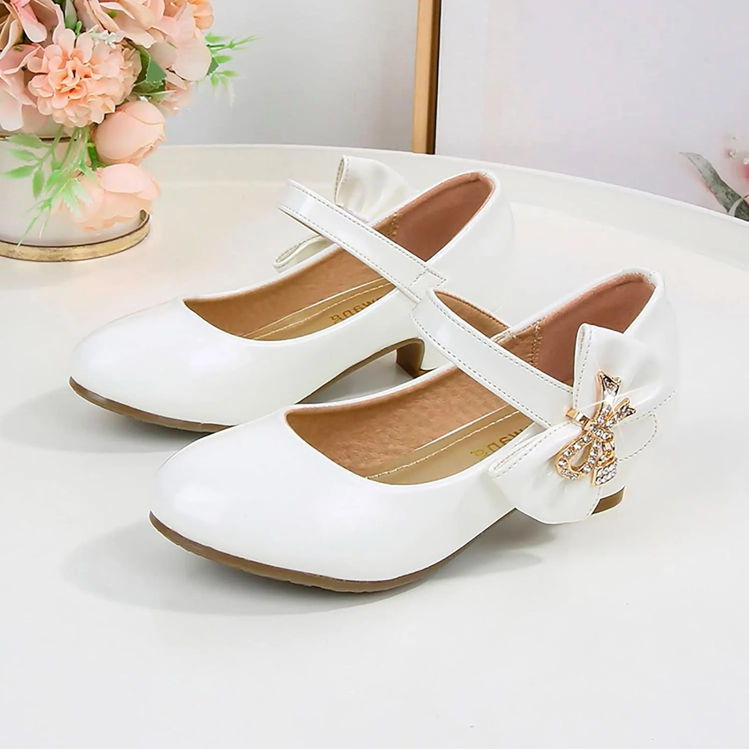 Girls Dress Shoes Pumps Mary Jane Shoes for Girls Low Heel with Bow Strap Dress Shoes for School Wedding Party