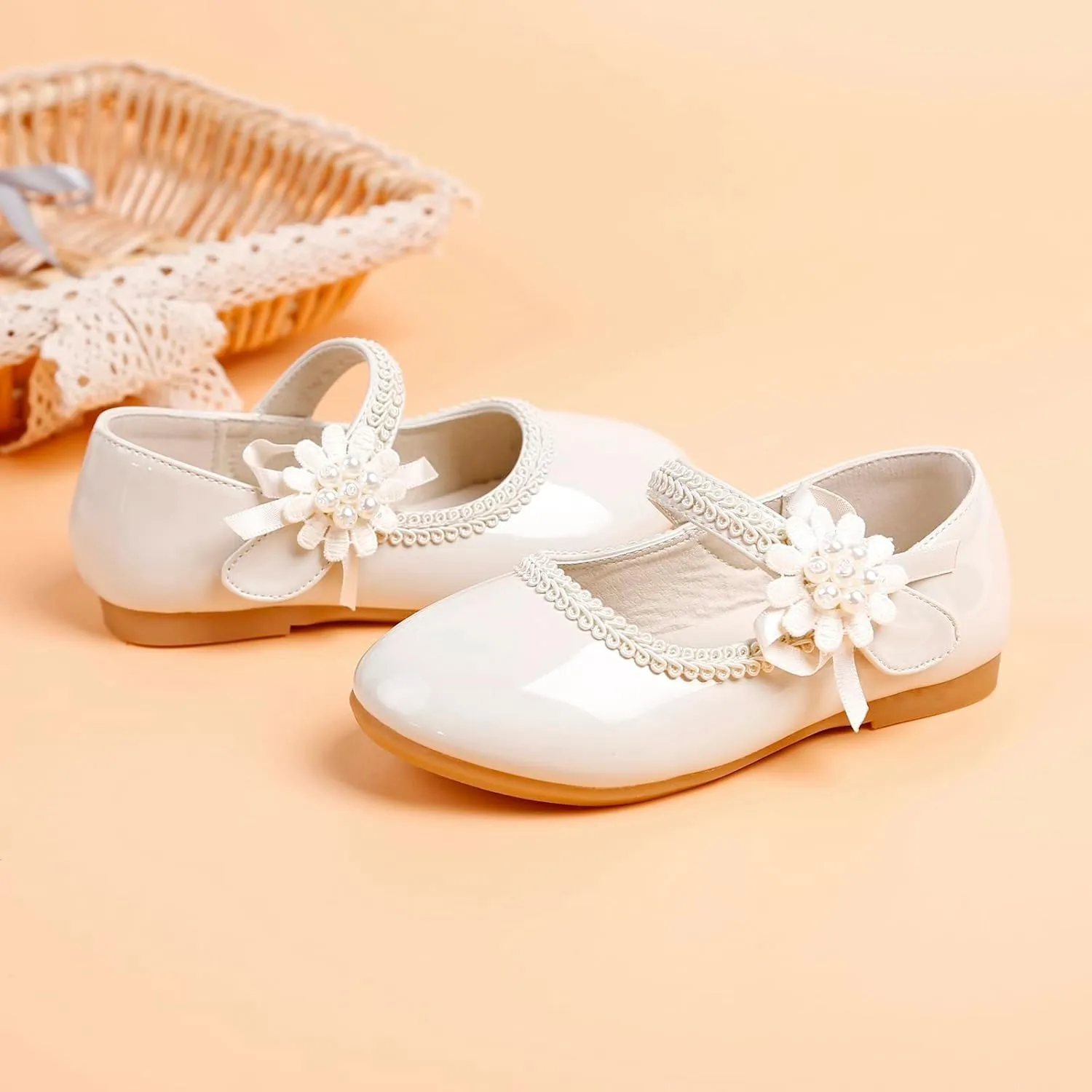 Girls Dress Shoes Toddler Girls Mary Jane with Pearls Low Heels Pumps for Flower Girl Wedding Party Girls School Shoes