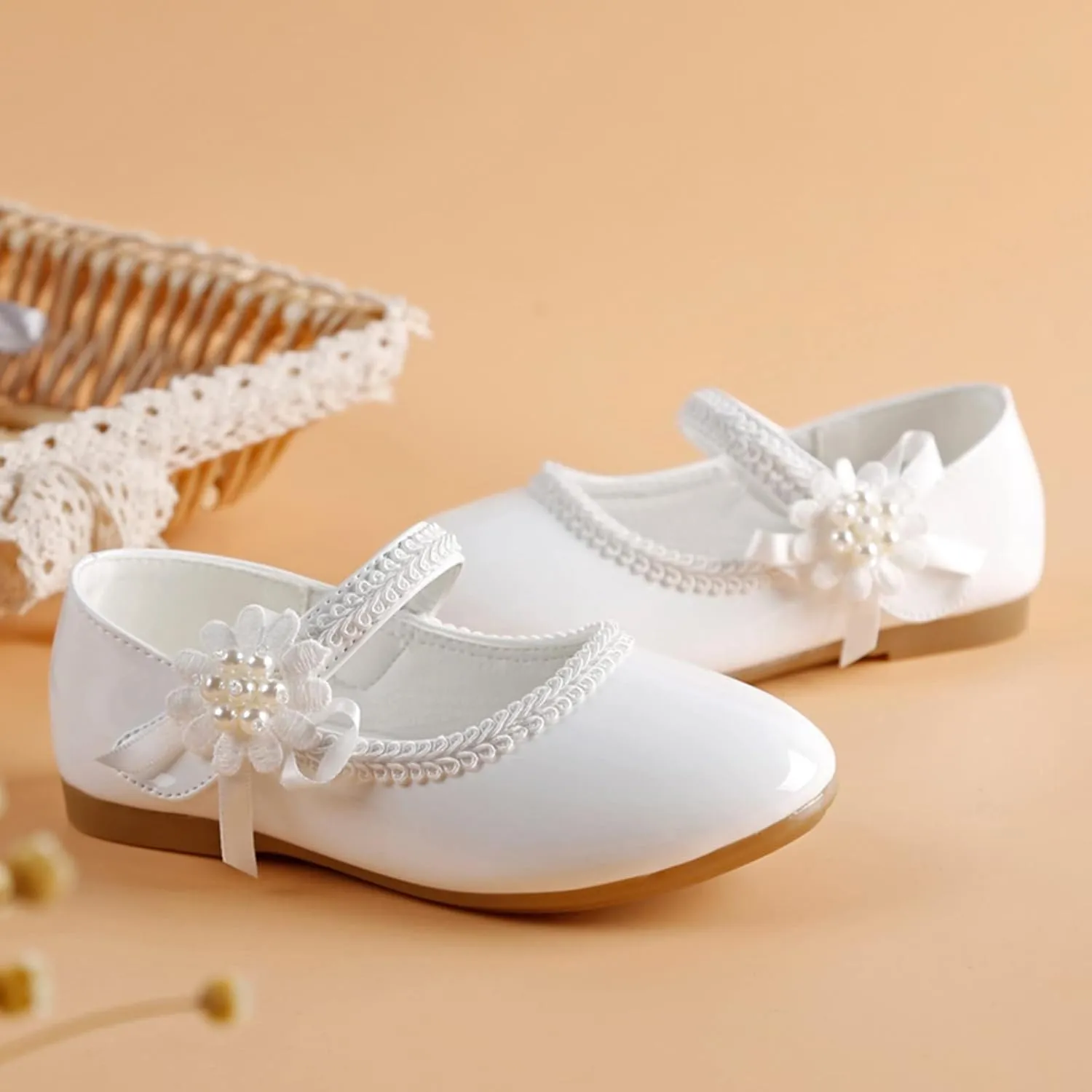 Girls Dress Shoes Toddler Girls Mary Jane with Pearls Low Heels Pumps for Flower Girl Wedding Party Girls School Shoes
