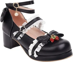 Girls Lolita Shoes Bow Pearl Kawaii Chunky Heel Platform Pumps Kids Cute Lace Ankle Strap Mary 𝐉anes Dress Shoes
