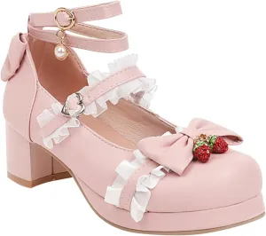 Girls Lolita Shoes Bow Pearl Kawaii Chunky Heel Platform Pumps Kids Cute Lace Ankle Strap Mary 𝐉anes Dress Shoes